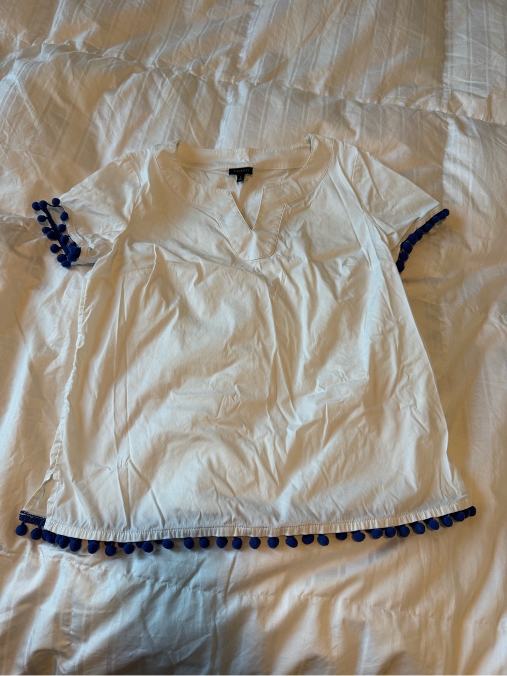 Talbots White Short Sleeve Pom-Pom Trim Tunic
